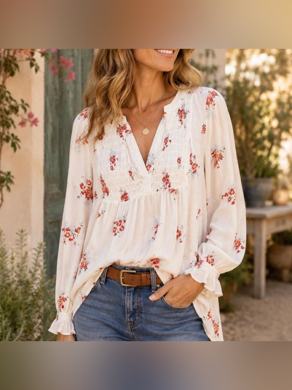 Lucky Brand Floral Peasant Blouse Women’s Small Romantic Boho Cottagecore